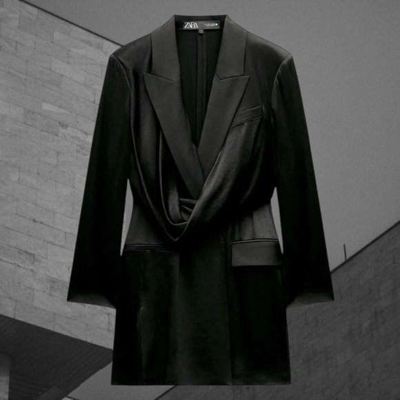 NWT ZARA ZW Collection ‘Front Draped Blazer Dress’ in Black Satin Size Small - Picture 1 of 16
